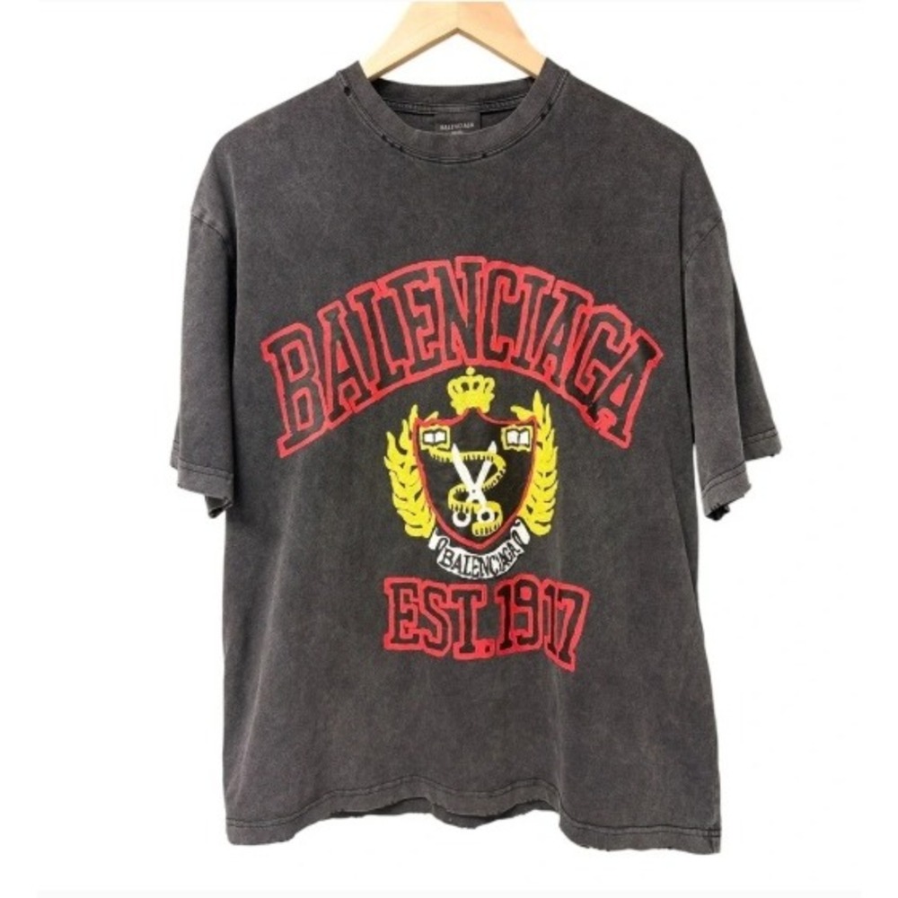 BALENCIAGA College Logo T-Shirt Unisex Small Washed Black Streetwear Luxury EUC
